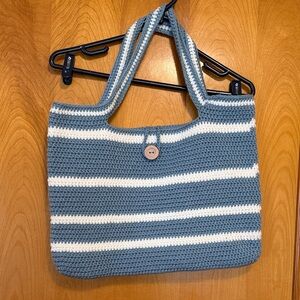 Blue and White Striped Crochet Tote Bag